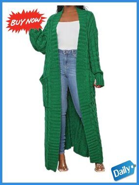 Cable Knit Chunky Cardigan with Pockets Long Maxi Length Sweater